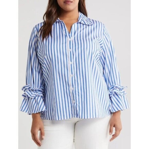 Harshman Tops - NWT Harshman Ruffle Sleeve Selina Button Down Blouse Indigo Stripes Plus Size 1X